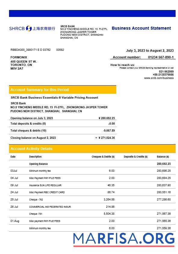 Printable Shanghai Rural Commercial Bank enterprise statement Word and PDF template